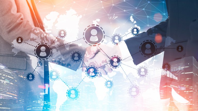 Cooperation Forum Handschlag zweier Personen hinter einer Vernetzungsgrafik
