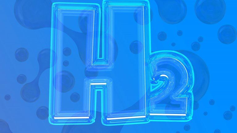 H2 Schrift blau gefüllt mit Wasserstoffmolekülen im Hintergrund