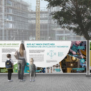 Die Bauzaun-Ausstellung gibt Passanten im Vorbeigehen spannende Einblicke in die Themen Bioökonomie und Innovationsforschung.